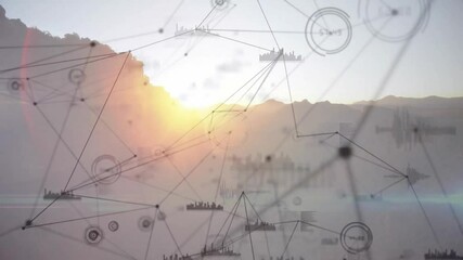 Poster - Animation of network connections and data processing over mountain at sunrise