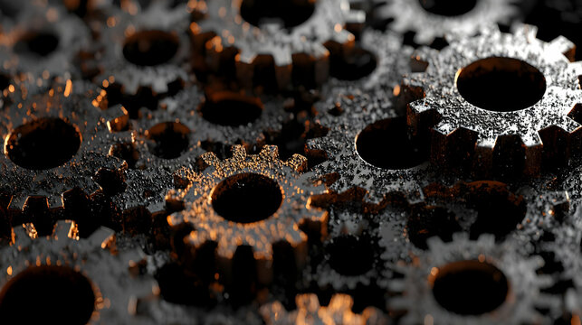 Close-Up of Interlocking Metal Gears with Orange Glowing Highlights