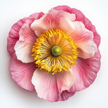 Detailed Close Up of a Pink and Yellow Flower with Delicate Petals on a Clean White Background in a Studio Setting