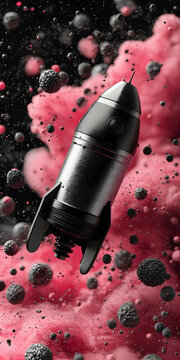 Black Rocket Ascending Through Pink Cosmic Dust