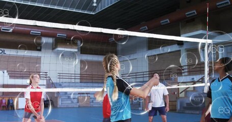 Poster - Volleyball players in gym with 6G network connectivity animation overlay