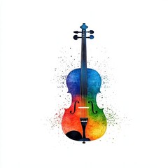 Poster - Artistic representation of a violin surrounded by vibrant watercolor splashes in bright colors