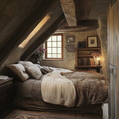 Poster - Bright bedroom with a comfortable bed and large window allowing natural light to stream in