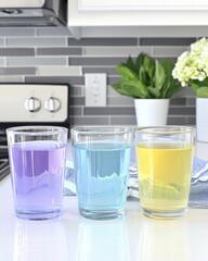 Poster - Three glasses filled with colored liquid displaying vibrant hues and reflecting artistic creativity