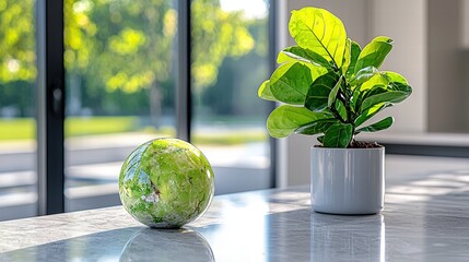 Poster - A lush green plant positioned next to a world globe on a natural wooden surface in soft lighting
