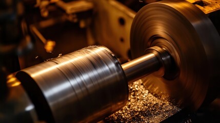 Poster - A colossal industrial lathe machine cutting a large metal cylinder.