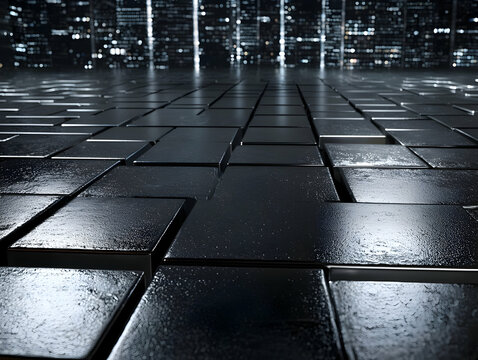 Dark Reflective Cubes Cityscape at Night