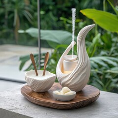 Poster - Stunning bird sculpture artfully positioned on a decorative plate against a soft background