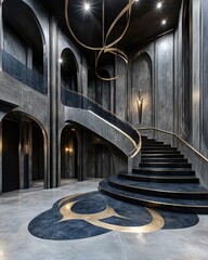 Poster - Stunning staircase inside a building with architectural features leading to upper levels of elegance