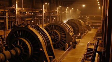 Poster - A heavy machinery plant producing high-powered industrial engines.