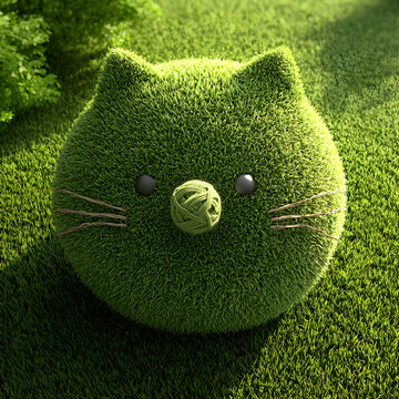 Cute Fluffy Green Cat Shaped Bush in Grassy Field