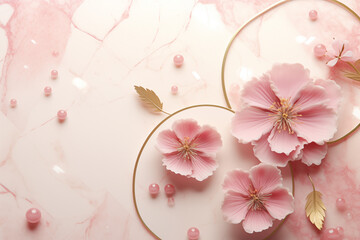 Poster - Elegant pink floral arrangement with golden accents on a marble background for a delicate aesthetic