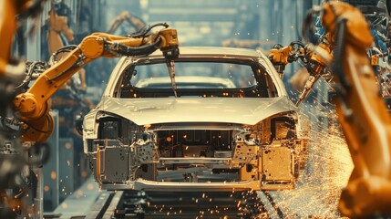 Poster - A high-tech automobile production line with robotic assembly in progress.