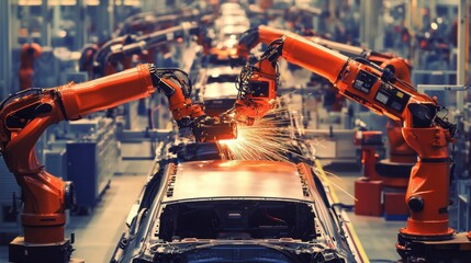 Poster - A high-tech automobile production line with robotic assembly in progress.
