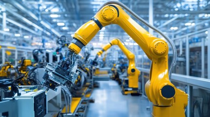 Poster - a high-tech robotic arm assembling components on an automated manufacturing line.