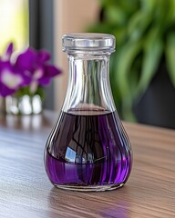 Poster - Elegant purple liquid bottle positioned on a minimalist table surrounded by soft ambient light