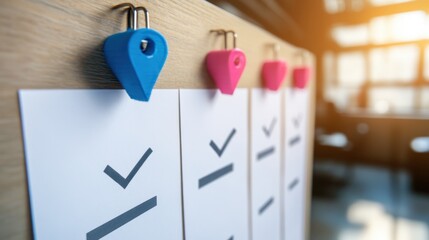 Poster - A quality audit checklist on a whiteboard in a modern factory setting.