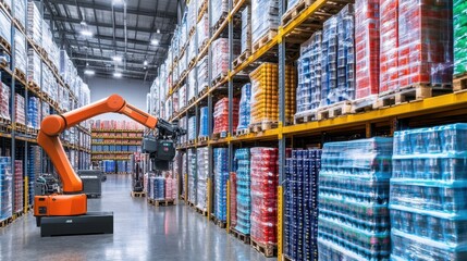 Poster - a robotic arm stacking and organizing materials in an automated warehouse.