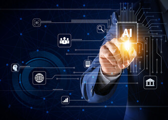 Poster - Artificial intelligence. Businessman using virtual screen with circuit board scheme, AI abbreviation and icons on dark blue background, closeup