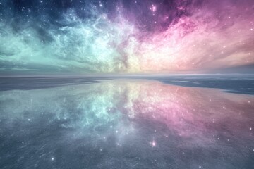 Wall Mural - Starry sky reflected in a calm, icy lake, creating a dreamy, ethereal landscape.