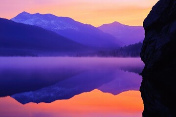 Wall Mural - Serene sunrise paints purple and orange hues across misty mountain lake reflecting the vibrant sky.