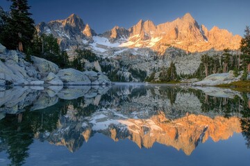 Wall Mural - Majestic mountain range reflected in a serene alpine lake at sunrise, showcasing stunning colors and tranquil beauty.