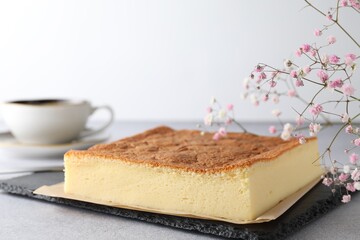 Wall Mural - tasty japanese castella sponge cake served on light table, closeup. space for text