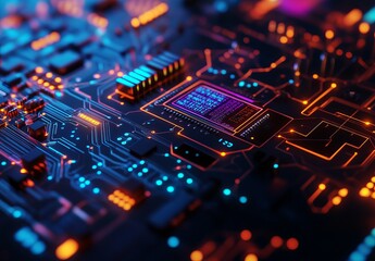 Poster - Abstract Digital Circuit Board Technology Background Futuristic Neon Orange Blue Glowing Lines High Tech Microchip Electronic Design Innovation Modern