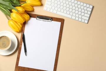 Aufkleber - Flat lay composition with clipboard and blank paper on beige background. Space for text