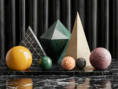 Geometric Shapes 3D Render: Polished Spheres and Cones on Dark Background