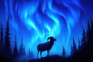 Wall Mural - A majestic bighorn sheep silhouetted against a vibrant, blue aurora borealis in a dark, misty forest.