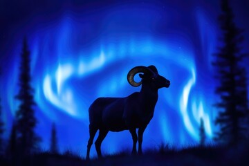 Wall Mural - Silhouette of a majestic bighorn sheep against a vibrant aurora borealis backdrop.