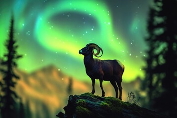 Wall Mural - Majestic bighorn sheep silhouetted against a vibrant aurora borealis backdrop in a mountainous landscape.