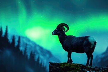 Wall Mural - Majestic bighorn sheep silhouetted against a vibrant aurora borealis in a mountain landscape.