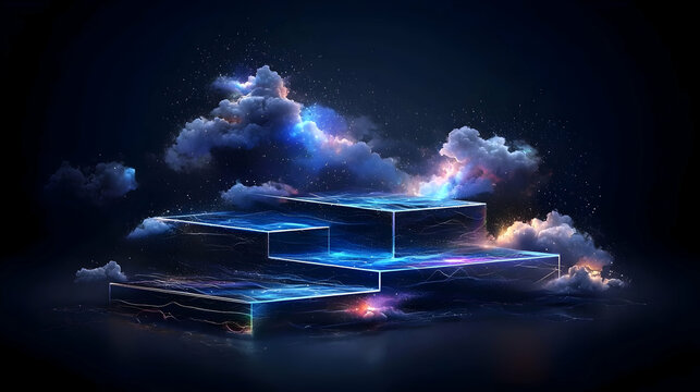 Glowing Blue Cubes in Dark Cloudscape
