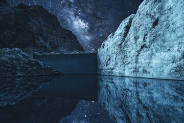 Wall Mural - Concrete structure nestled between mountains, reflecting starry night sky.