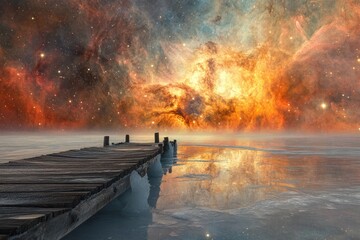 Wall Mural - A weathered wooden dock extends into a frozen, reflective lake under a vibrant, cosmic nebula.