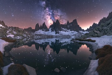 Wall Mural - Milky Way galaxy arches over snow-capped mountains reflected in a pristine alpine lake.