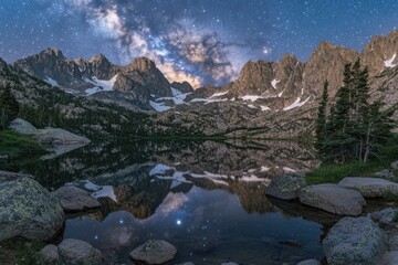 Wall Mural - Milky Way galaxy reflected in a serene alpine lake, surrounded by majestic snow-capped mountains under a starlit sky.