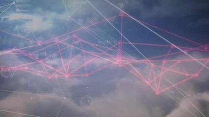 Poster - animation of pink geometric network overlaying cloudy sky, showing digital connectivity