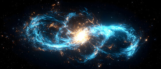 luminous blue and orange nebula in dark space