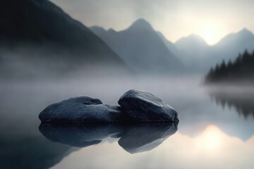 Wall Mural - Misty mountain lake with two dark rocks reflecting on calm water at sunrise.