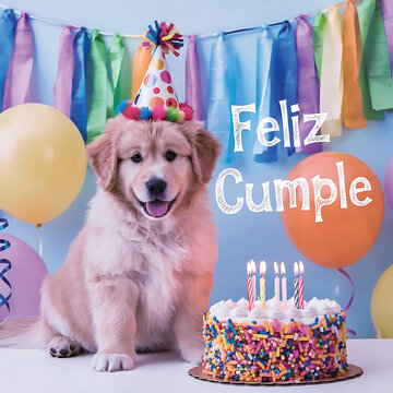 feliz cumple mami and feliz cumpleaños mami sign Happy Birthday in Spanish language, feliz cumple Un lindo perro golden retriever con un sombrero de fiesta colorido Birthday party celebration greeting
