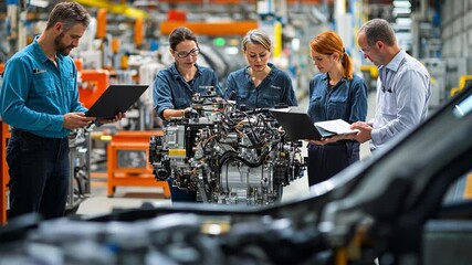 Poster - Engineering Precision: A team of skilled engineers meticulously analyze an engine. The image captures the essence of industry, technology and expertise