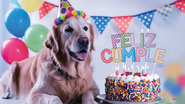 feliz cumple mami and feliz cumpleaños mami sign Happy Birthday in Spanish language, feliz cumple Un lindo perro golden retriever con un sombrero de fiesta colorido Birthday party celebration greeting