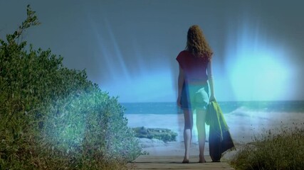 Poster - Standing on beach path, woman observing ocean animation with glowing light effect