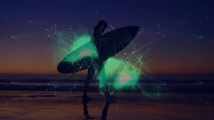 Poster - Surfer walking on beach with digital network animation overlay at sunset