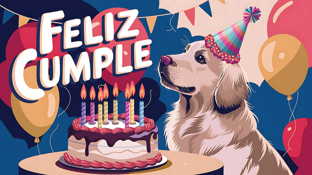 feliz cumple mami and feliz cumpleaños mami sign Happy Birthday in Spanish language, feliz cumple Un lindo perro golden retriever con un sombrero de fiesta colorido Birthday party celebration greeting