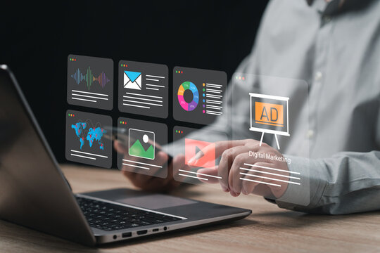 Digital marketing management concept, Businessman online sales planning digital marketing, ad, product ads, promotion of products, Ratting check, Analyzing market digital tools online advertising