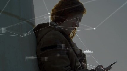 Poster - Using phone, woman leaning against wall with digital network animation overlay